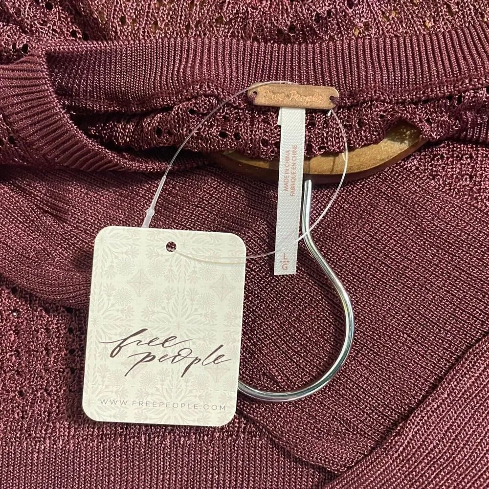 Free People H2O Crew Pullover Women’s Large NWT Open Knit Cropped Raw Garnet